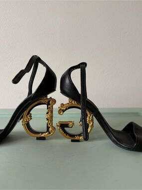 Dolce & Gabbana Black Leather Heels with Ornate Gold DG Logo Heels